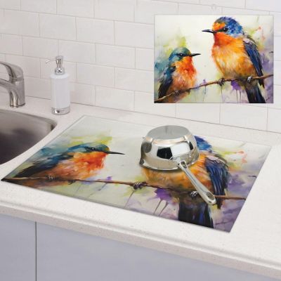 Oil painting bird Print Dish Drying Mat for Kitchen Counter Super Absorbent Microfiber Drainer Mats Large Size Dish Drying Pad Quick Drying Dish Rack Pad 18"x 24"