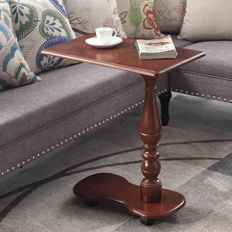 WInara Solid Wood C Shaped End Table with Wheels, Retro Mobile Side Table, Sturdy Overbed Bedside Table for Sofa Living Room, Bedroom, Bedside
