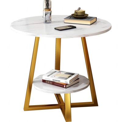 DECORN Marble Effect Side Table Small Round Coffee Table End Table Metal Bedside Table with 2 Tier Storage for Living Room Bedroom,C-60cm