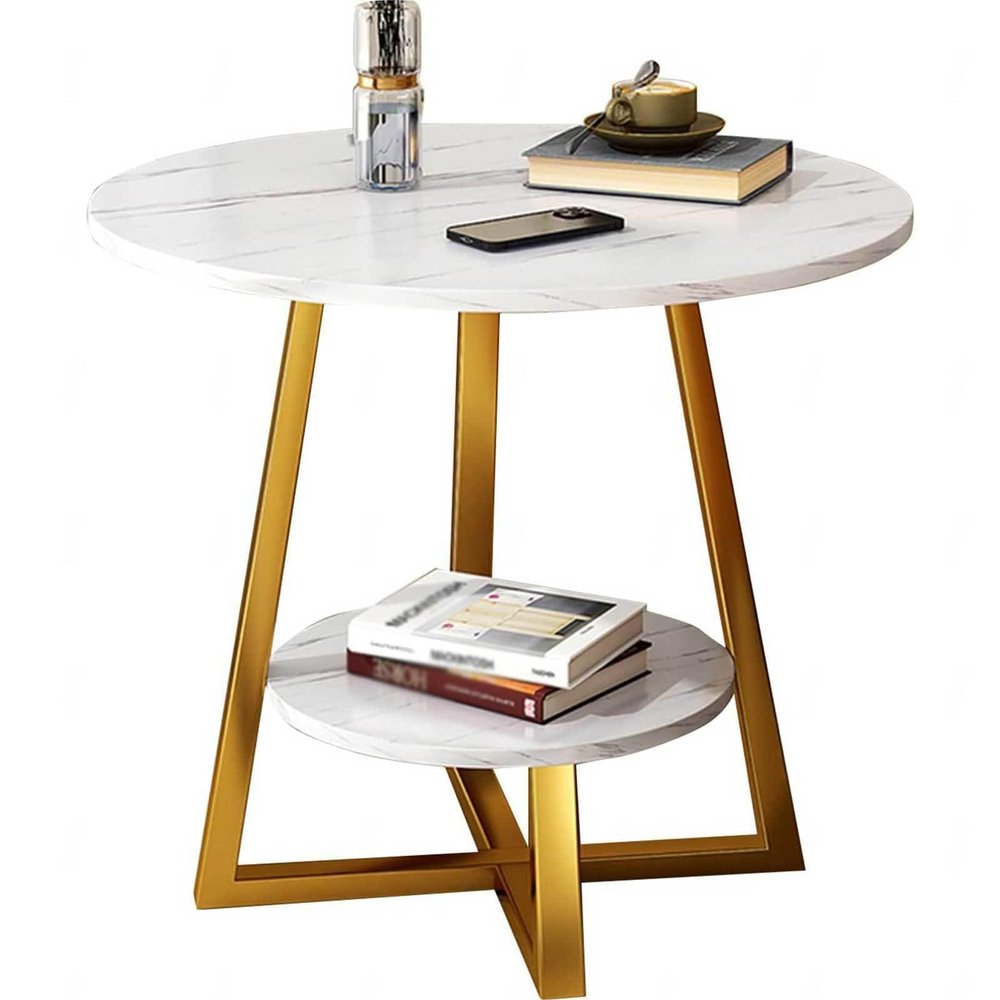 DECORN Marble Effect Side Table Small Round Coffee Table End Table Metal Bedside Table with 2 Tier Storage for Living Room Bedroom,C-60cm