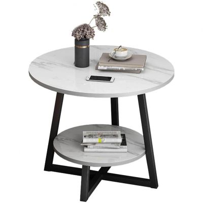DECORN Marble Effect Side Table Small Round Coffee Table End Table Metal Bedside Table with 2 Tier Storage for Living Room Bedroom,B-60cm