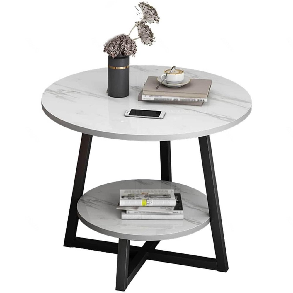 DECORN Marble Effect Side Table Small Round Coffee Table End Table Metal Bedside Table with 2 Tier Storage for Living Room Bedroom,B-60cm