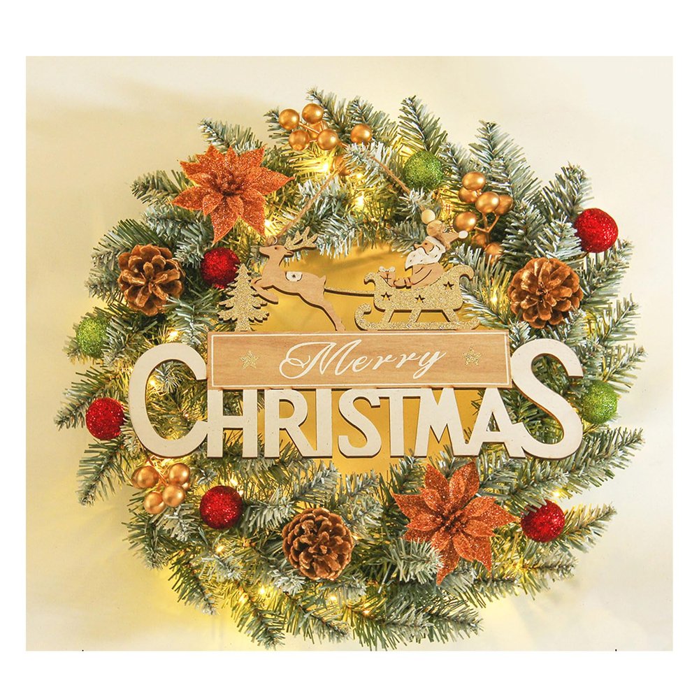 24 Inch Artificial Pre-Lit Christmas Wreath, Christmas Wreaths for Front Door,Mixed Pine Decorated Frosted Berries, Pinecones, LED Lights, Holiday Decoration for Front Door (with Light,20in)