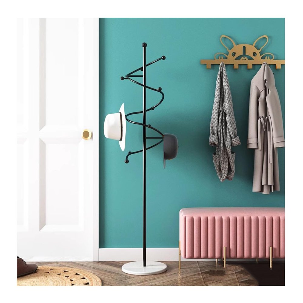 Garment Rack Freestanding Metal Coat Rack With 9 Spiral Design Hook, Modern Entryway Coat Hanger Stand With Marble Base, Space Saving Coat Stand Organizer For Bedroom And Office, 32X170C(Color:Black)