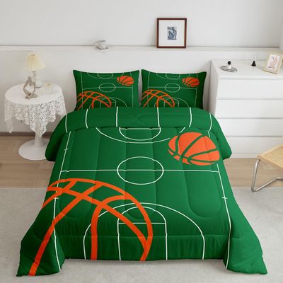 jejeloiu Basketball Comforter Set Twin Size Kids Basketball Court Comforter for Boys Girls Teens Gaming Sports Bedding Set Breathable Sports Theme Green Duvet Set Room Decor Quilt Set