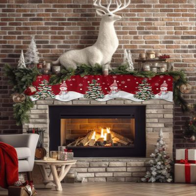 ALAGEO Christmas Fireplace Scarf Snow Snowman Holly Tree Fireplace Mantel Christmas Scarf Cover Candy Cane Snowflake Fireplace Cloth Table Runner Decoration for Holiday Party Decor 60 x 17 inch