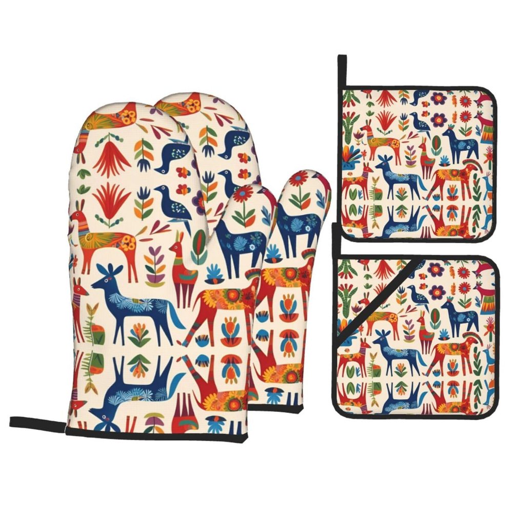 YYHWHJDE Cartoon Otomi Animals Pattern Oven Mitts and potholders Set of Four : Thick and Durable, Anti-scalding and Heat-Insulating