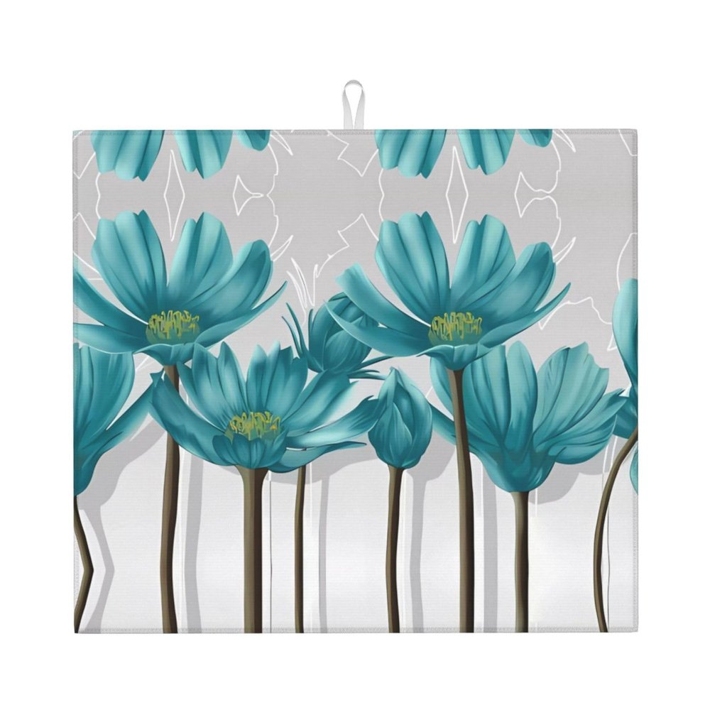 YYHHAOFA Teal Grey and White Floral pattern Drying Mat for Kitchen : Water absorbent, non-slip, reversible With lanyard for hanging 18 x 16 in