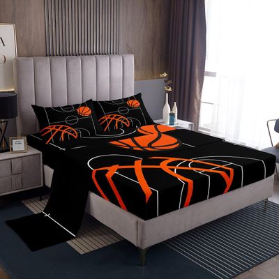 Basketball Sheet Set King Size Kids Basketball Court Sheets with Deep Pocket Fitted Sheet for Boys Girls Teens Gaming Sports Bed Sheets Set Breathable Sports Theme Black Bedding Set Room Decor