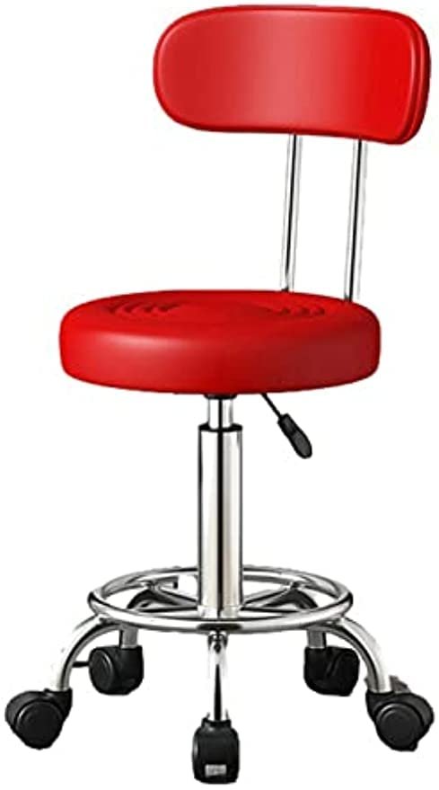 Computer Chair, Dressing Table Chair Swivel Tattoo Stools Chair, PU Leather Swivel Round Rolling Stool with Foot Rest,Height Adjustable Task Work Chair with Back A (Color : Red, Size : One Side)
