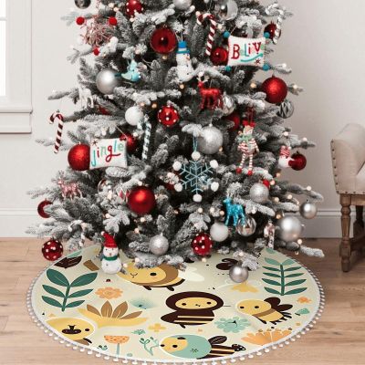 Yioniii Some Cute Bees and Floral Plant Pattern Christmas Tree Skirt 48inch,Tree Skirt for Xmas Decor Festive Holiday DecorationsWinter New Year House Decoration Supplies,Green and Yellow