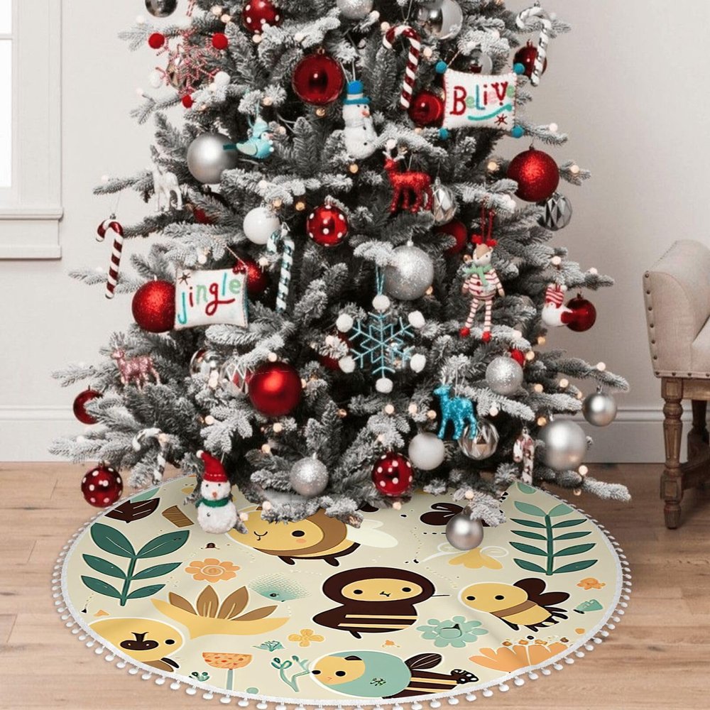 Yioniii Some Cute Bees and Floral Plant Pattern Christmas Tree Skirt 48inch,Tree Skirt for Xmas Decor Festive Holiday DecorationsWinter New Year House Decoration Supplies,Green and Yellow