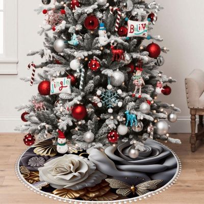 Yioniii Butterflies and Roses Pattern Christmas Tree Skirt 30inch,Tree Skirt for Xmas Decor Festive Holiday DecorationsWinter New Year House Decoration Supplies,Beige and Gold