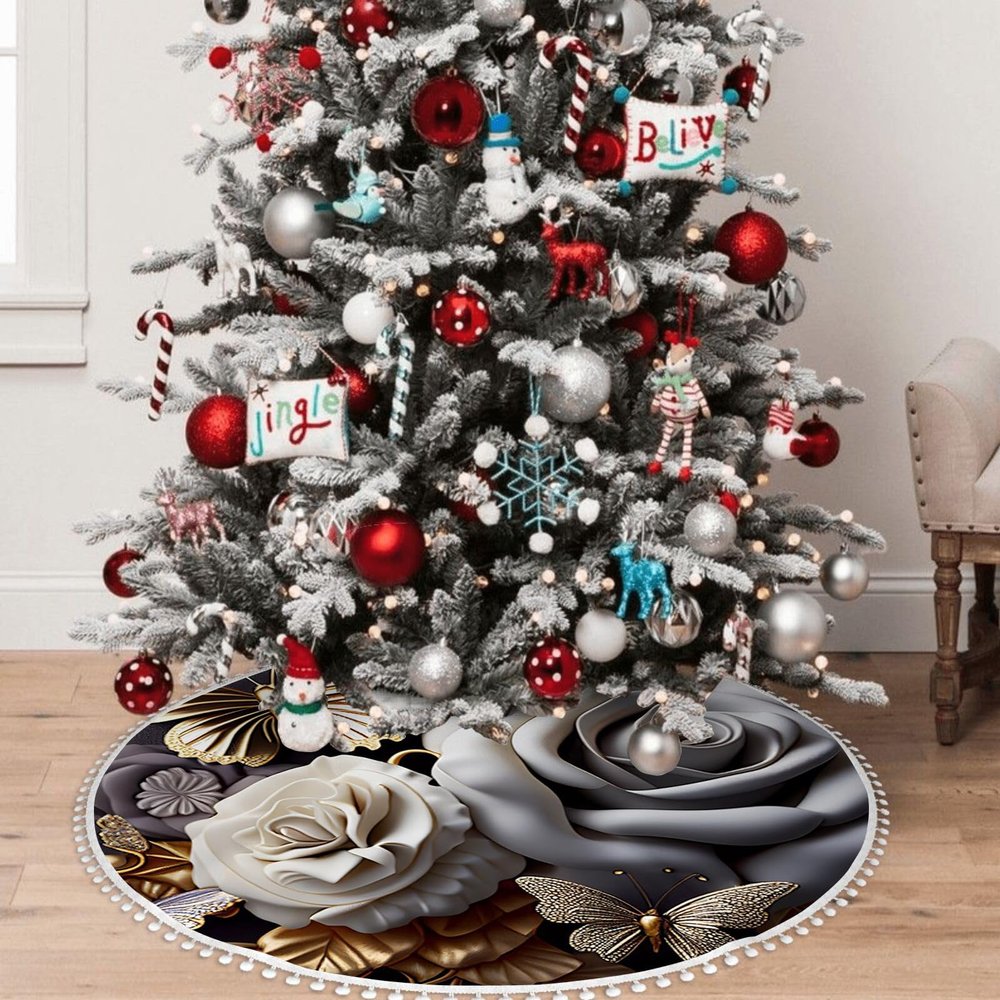 Yioniii Butterflies and Roses Pattern Christmas Tree Skirt 30inch,Tree Skirt for Xmas Decor Festive Holiday DecorationsWinter New Year House Decoration Supplies,Beige and Gold