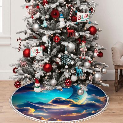 Yioniii Beautiful Sky Crescent Moon and Clouds Pattern 30Inch Christmas Tree Skirt,Christmas Party Home Decor,Merry Christmas Base Cover for Christmas Tree Holiday Decorations,Purple and Blue