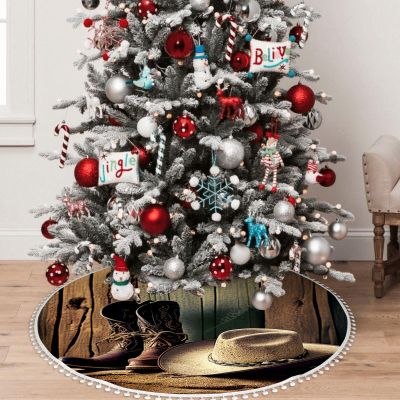 Yioniii hat Cowboy on a Rustic Wooden Background Stock Pattern 36 Inch Christmas Tree Skirt with Snowflakes,Traditional Christmas Tree Mat Layers for Xmas Party DecorationBrown