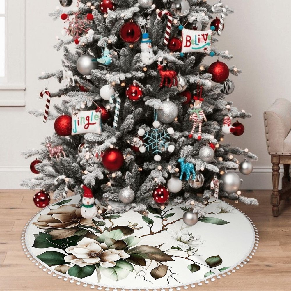 Yioniii White Flowers Floral Magnolia Pattern Christmas Tree Skirt 30 inchXmas Tree Skirts for Xmas Tree Ornaments and Party Holiday Decorations,White Brown