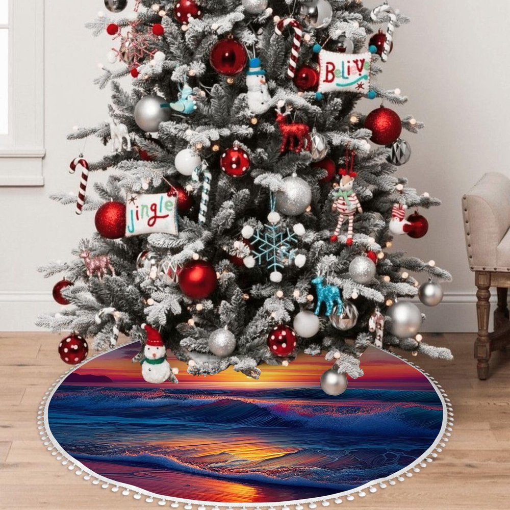 Yioniii Beautiful Ocean Sunset Bench Pattern Snowflake Christmas Tree Skirt Ornament 36inch Diameter Christmas Decoration New Year Party Supply,Orange and Blue