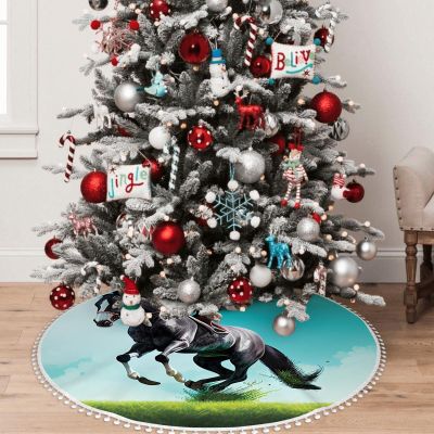 Yioniii Dark Horse Riding A Green Grassy Field On Pasture Pattern Snowflake Christmas Tree Skirt Ornament 30inch Diameter Christmas Decoration New Year Party Supply,Green and Brown