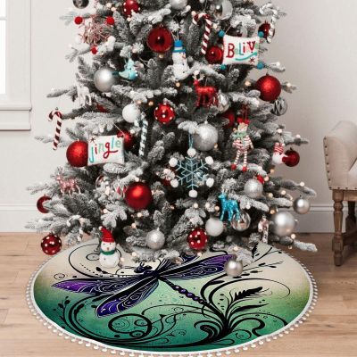 Yioniii Cute Dragonfly in Black and Purple Pattern Christmas Tree Skirt 30 inchXmas Tree Skirts for Xmas Tree Ornaments and Party Holiday Decorations,Black and Purple