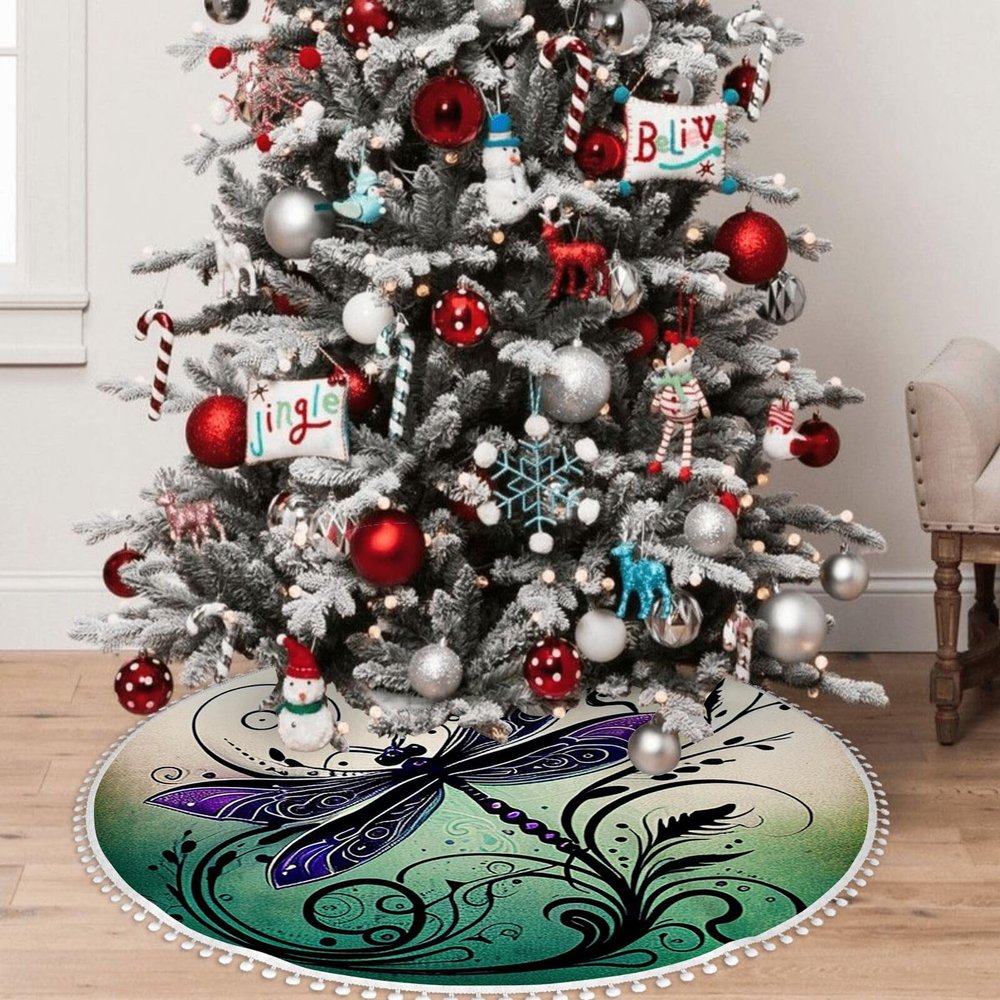 Yioniii Cute Dragonfly in Black and Purple Pattern Christmas Tree Skirt 30 inchXmas Tree Skirts for Xmas Tree Ornaments and Party Holiday Decorations,Black and Purple