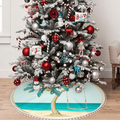 Yioniii Palm Tree with Swing Hanging from It On Beach Pattern Christmas Tree Skirt 30 inchXmas Tree Skirts for Xmas Tree Ornaments and Party Holiday Decorations,Blue and Yellow