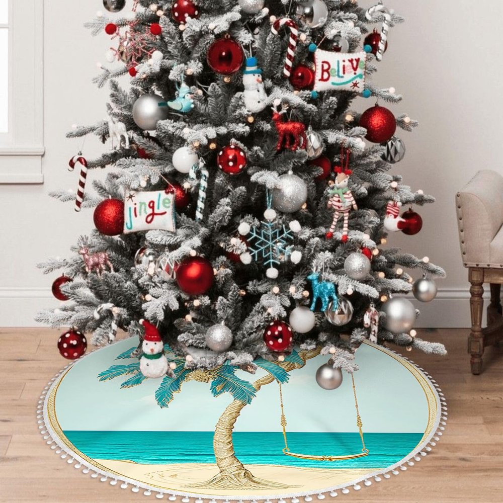 Yioniii Palm Tree with Swing Hanging from It On Beach Pattern Christmas Tree Skirt 30 inchXmas Tree Skirts for Xmas Tree Ornaments and Party Holiday Decorations,Blue and Yellow