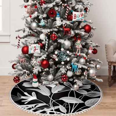 Yioniii Flowers and Leaves Pattern 30 Inch Christmas Tree Skirt with Snowflakes,Traditional Christmas Tree Mat Layers for Xmas Party DecorationWhite and Black