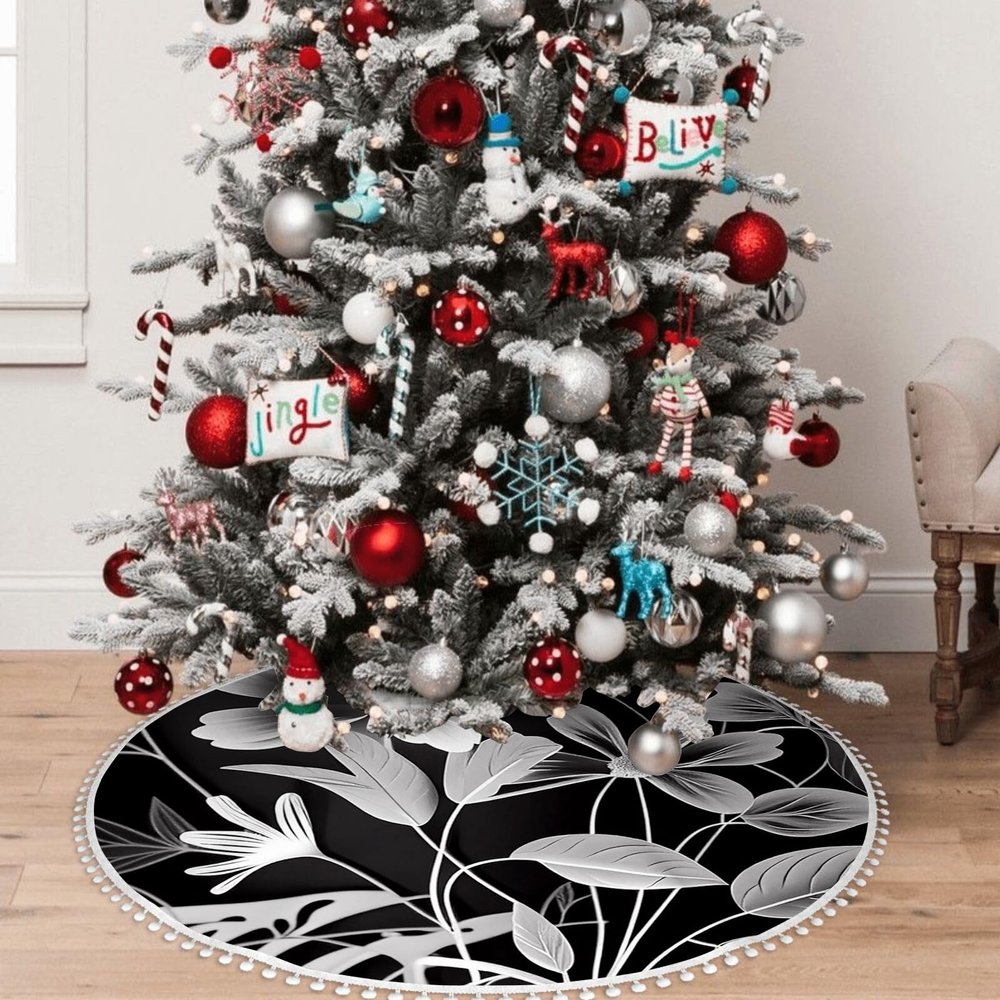 Yioniii Flowers and Leaves Pattern 30 Inch Christmas Tree Skirt with Snowflakes,Traditional Christmas Tree Mat Layers for Xmas Party DecorationWhite and Black