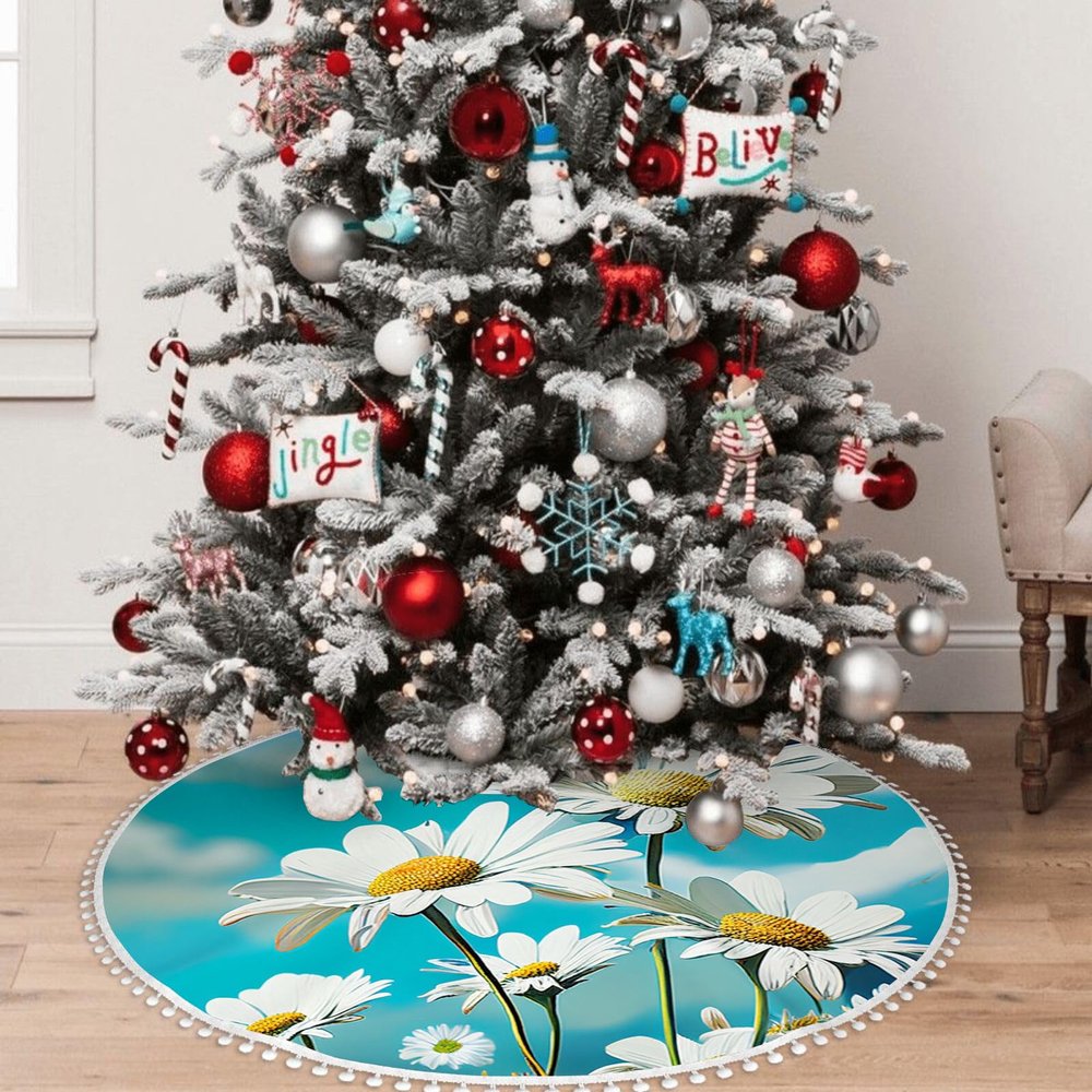 Yioniii Daisies with Clouds and Sky Pattern 30 Inches Christmas Tree Skirt,Christmas Tree Decorations,Farmhouse Christmas Decor Xmas Holiday Home Party Decorations,Blue