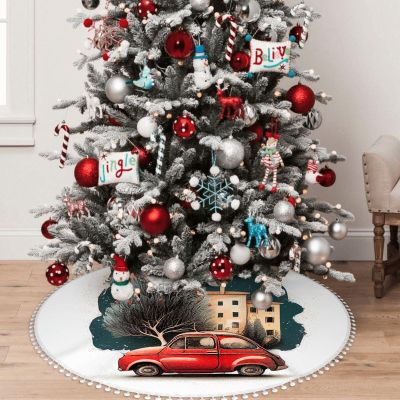 Yioniii A red car with a Christmas Tree on it Pattern 48 inch Christmas Tree Skirt Christmas Tree Skirt for Christmas Tree for Holiday and PartyRed