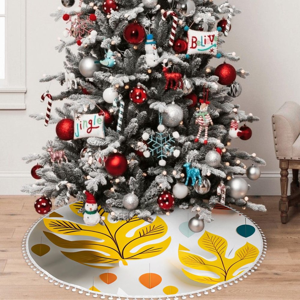 Yioniii Fall Leaves on a Wall Pattern 48 Inches Christmas Tree Skirt,Christmas Tree Decorations,Farmhouse Christmas Decor Xmas Holiday Home Party Decorations,Yellow and White