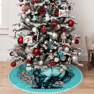 Yioniii an Old Horse with Flowers in The Style of Graphic Design Pattern 36 Inch Soft Christmas Tree Mat for Xmas Holiday Party Decoration,Luxury Christmas Tree SkirtGreen