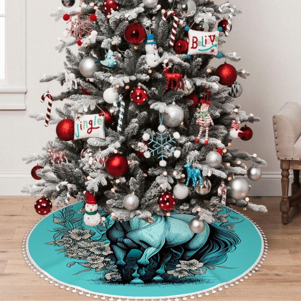 Yioniii an Old Horse with Flowers in The Style of Graphic Design Pattern 36 Inch Soft Christmas Tree Mat for Xmas Holiday Party Decoration,Luxury Christmas Tree SkirtGreen