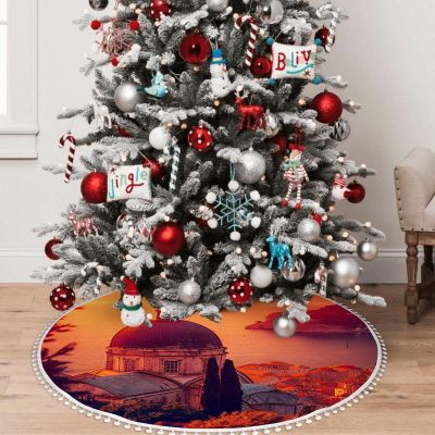 Yioniii Sunset and Fairytale Town Pattern 30 Inch Soft Christmas Tree Mat for Xmas Holiday Party Decoration,Luxury Christmas Tree SkirtMulticolour