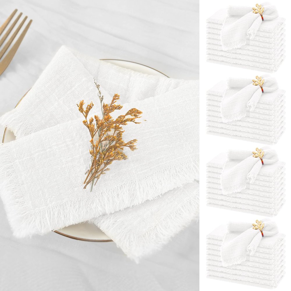 40 Packs White Cloth Napkins Cotton Linen Napkins Bulk 16.5 x 16.5Inch Handmade Gauze Napkins with Fringe, Natural Soft Cotton Rustic Dinner Napkins for Wedding Party Christmas Decoration