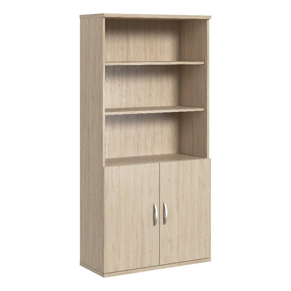 BOWERY HILL Tall 5 Shelf Bookcase with Doors in Natural Elm - Engineered Wood