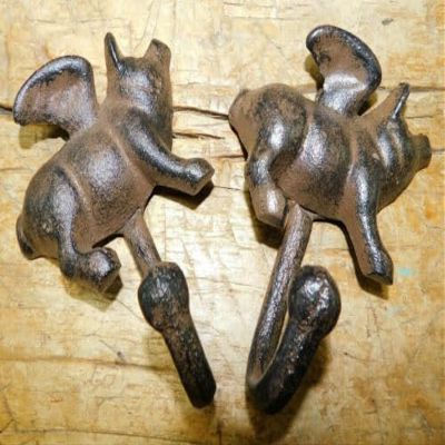 2 Cast Iron Flying Pig Coat Hook, Hat, Key, Towel Rustic Ranch Wall Decor Brown - arsstore