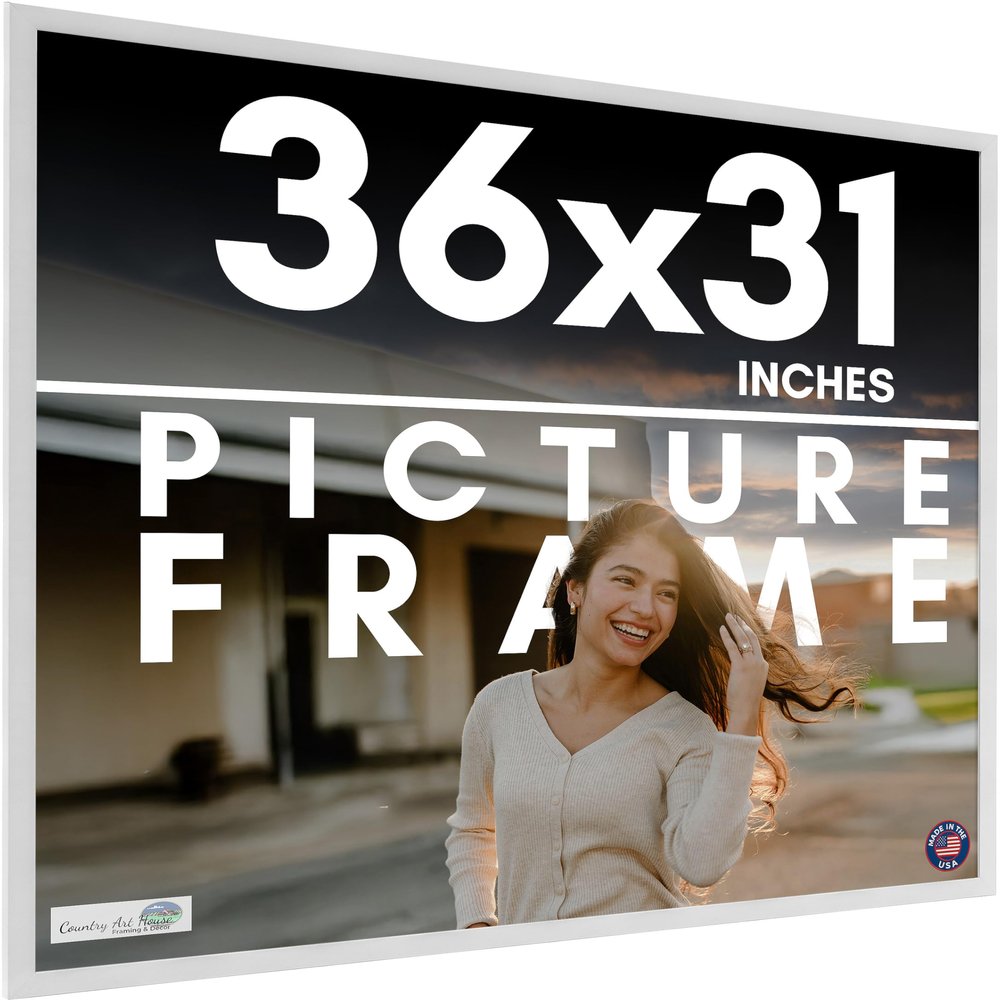 CountryArtHouse 36x31 Frame White Solid Wood Picture Frame Includes UV Acrylic Plexiglass, Acid Free Foam Backing Board and Hanging Hardware