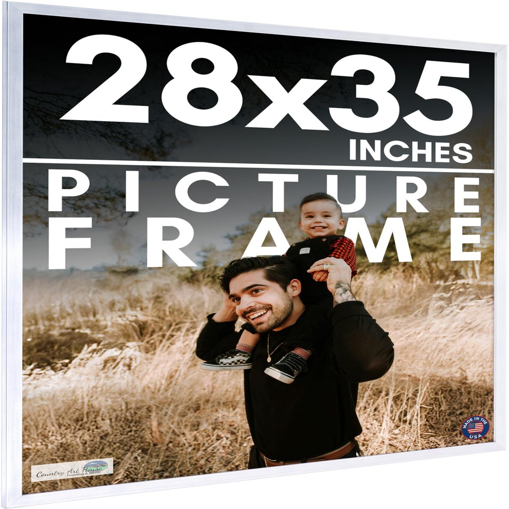 CountryArtHouse 28x35 Frame Silver Stainless Steel Solid Wood Picture Frame | 0.75 Inch Moulding Width | Includes UV Acrylic Plexiglass, Acid Free Foam Board Backing and Hanging Hardware