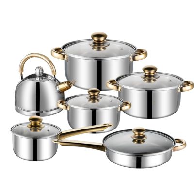 12 Piece Stainless Steel Cookware Set, Kitchen Removable Handle Pots and Pans Set, Frying Pans Saucepans with Lid, Golden Handles for All Stoves (12 pcs/with Kettle)