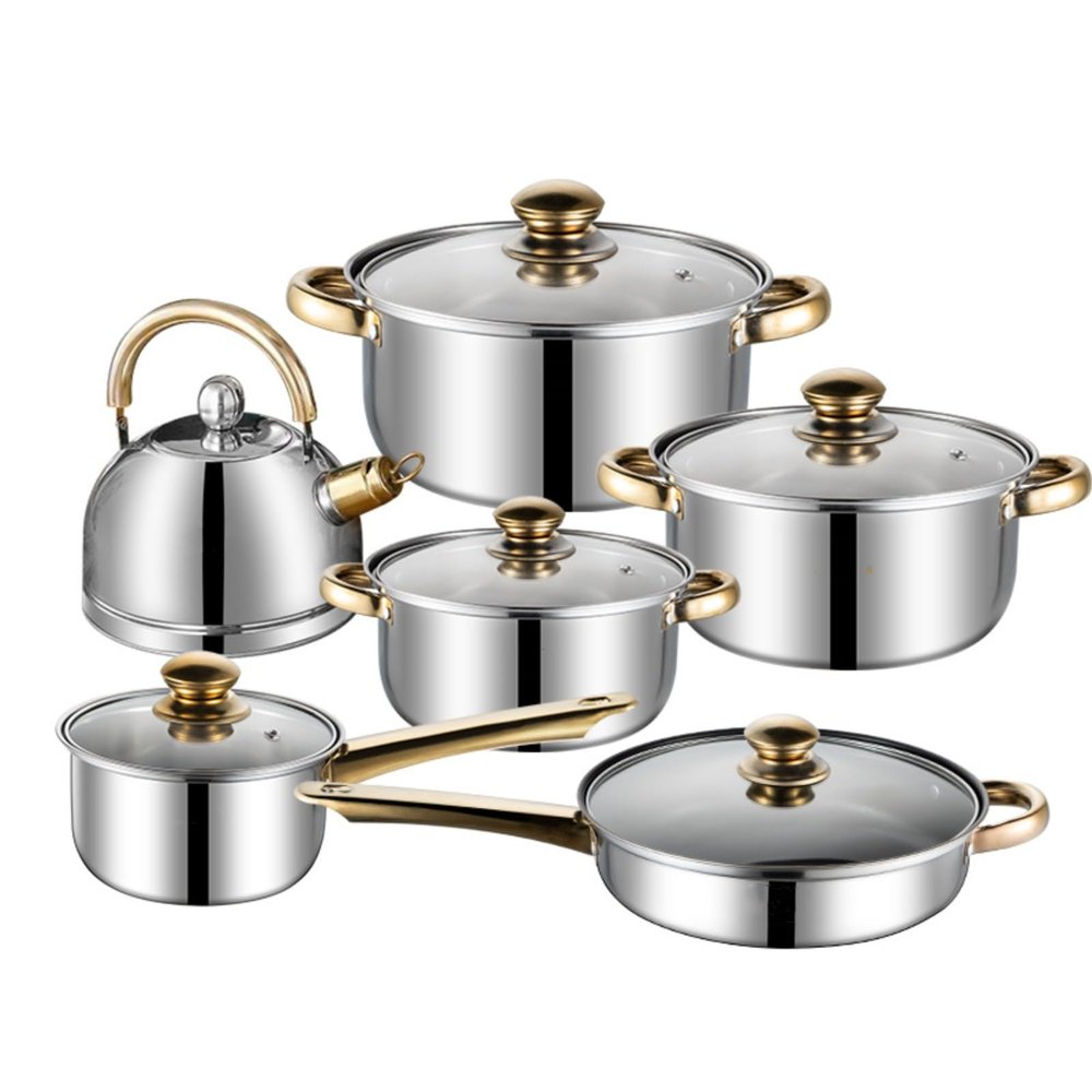 12 Piece Stainless Steel Cookware Set, Kitchen Removable Handle Pots and Pans Set, Frying Pans Saucepans with Lid, Golden Handles for All Stoves (12 pcs/with Kettle)