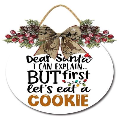 Sokomurg Christmas Wood Sign Christmas Decor Dear Santa I Can Explain But First Let's Have a Cookie Sign 11inch Christmas Wreath Hanging Sign for Front Door Porch Indoor Outdoor Home Decor