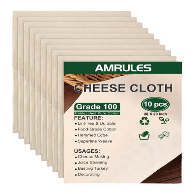 Amrules Cheese Cloths for Straining, 10PCS 20x20 Inch Grade 100 Cheese Cloth, Reusable Washable Unbleached Pure Cotton Cheesecloth for Cooking and Cheese Making with Hemmed Edge