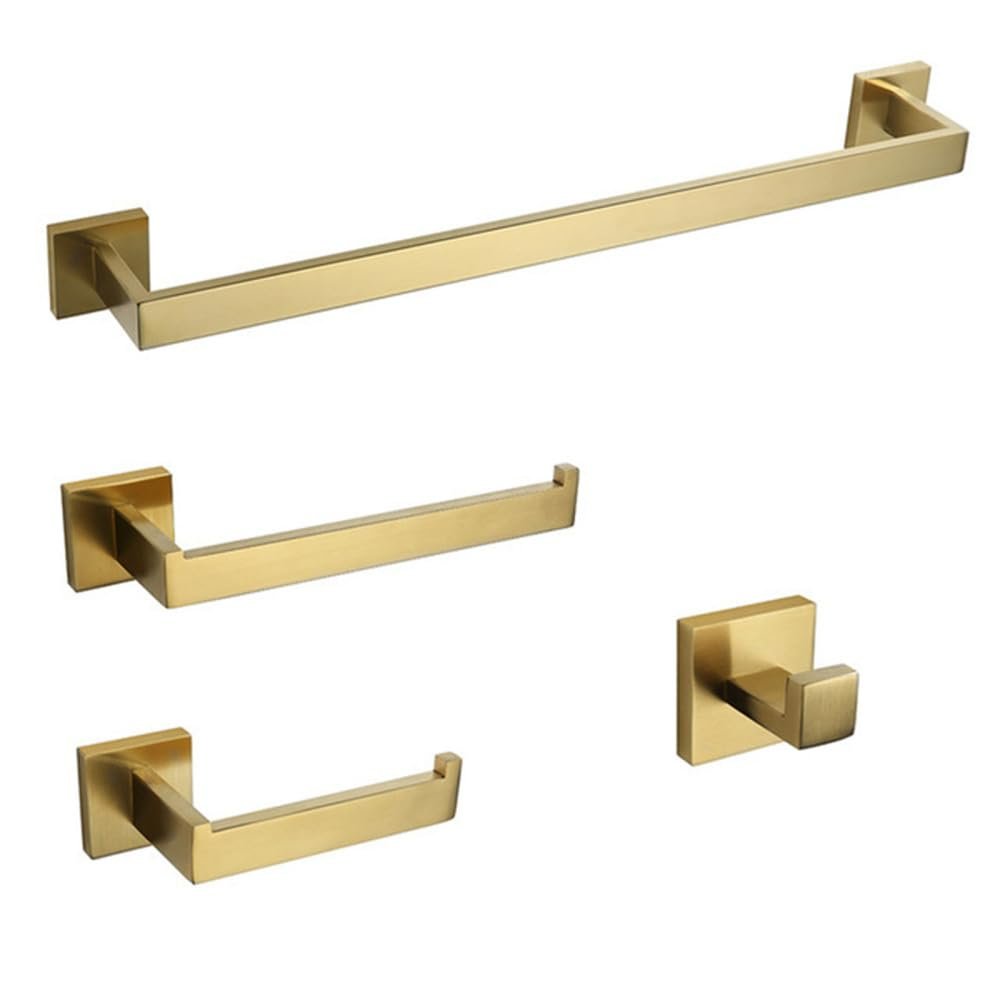 GROWBY Brushed Gold Bathroom Hardware Set Towel Bar Rail Toilet Paper Holder Towel Rack Hook Soap Dish Toilet Brush Accessories Sets,4 pcs Set