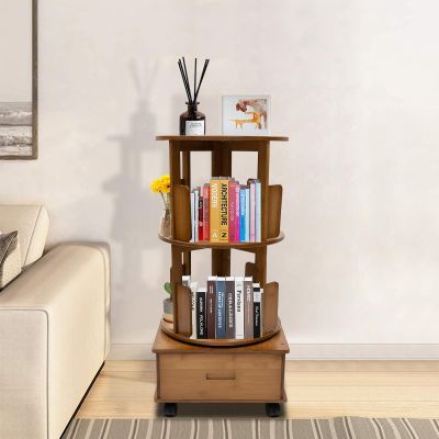 YUYANSHOP Multi Storage Table, Side Table with Rolling Wheels, Removable Swivel Bookcase with Storage Shelf for Living Room, Bedroom (Tea Color)