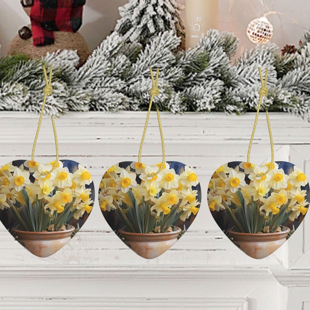 Christmas Heart Shaped Hanging Ornament Potted Daffodils Personalized Xmas Ceramic Pendant Crafts Indoor Hanging Ornament for Farmhouse Christmas Tree Holiday Decoration