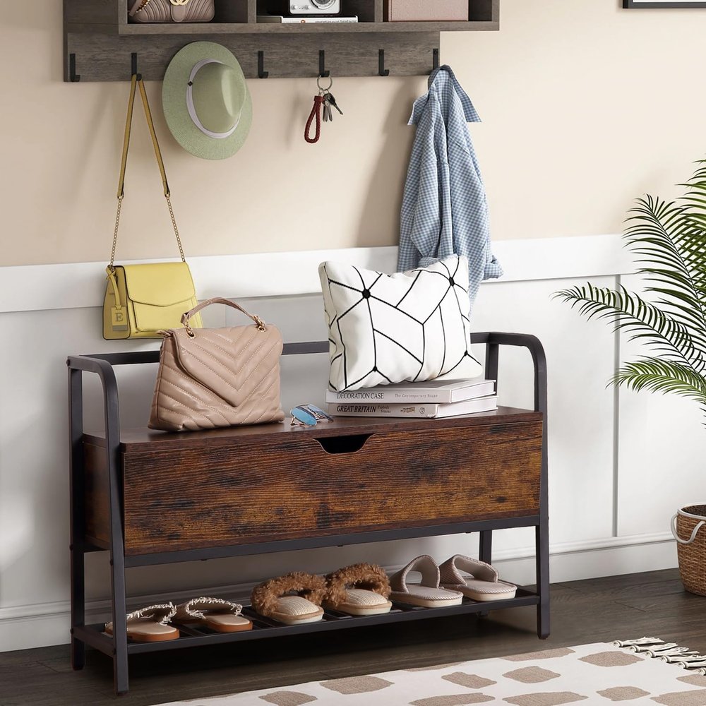 FIORIOM Shoe Storage Bench, Entryway Bench with Lift Top Storage Box, Industrial Style Shoe Storage Organizer, Shoe Bench Rack for Entryway, Hallway, Bedroom, Living Room