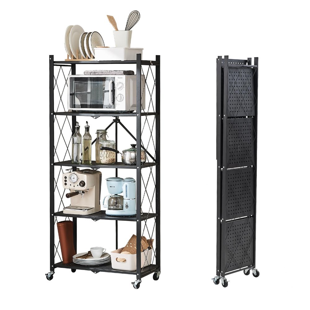 BRIAN & DANY 5-Tier Foldable Storage Shelves with Wheels, Folding Metal Rack Shelving Unit, Heavy Duty No Assembly Organizer Shelf for Garage, Kitchen, Basement, Pantry, Black