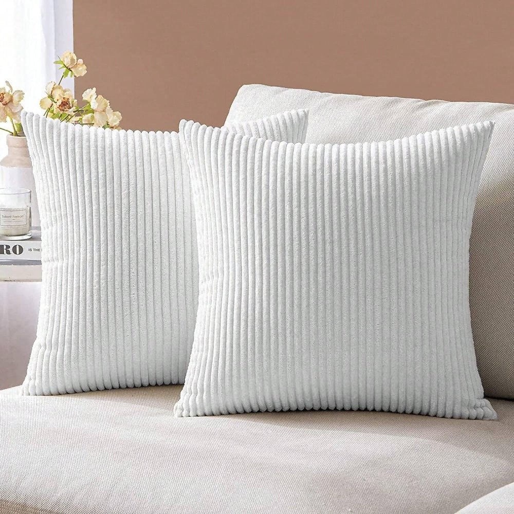 AMAIR 2PCS Solid Decorative Cushion Cover, Striped Throw Pillow Cover,Modern Corduroy Couch Cushion Cover for Home Decor, Pillow Insert Not Include (White,50x50cm)